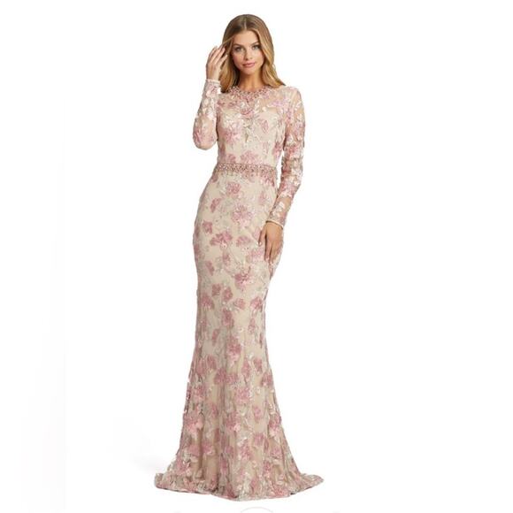 Mac Duggal 79281 Pink and Beige Embroidered Lace Trumpet Evening Dress - Blush
